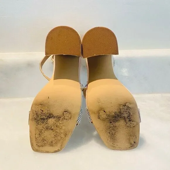 Steve Madden Suede Rhinestone Embellished Block Heel Varali Sandals Nude Sz 7.5 - Picture 4 of 6